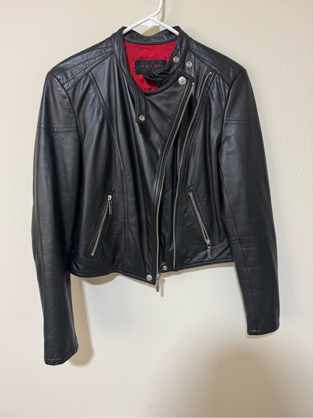 Ralph Lauren Black Leather Biker Jacket with Red Lining